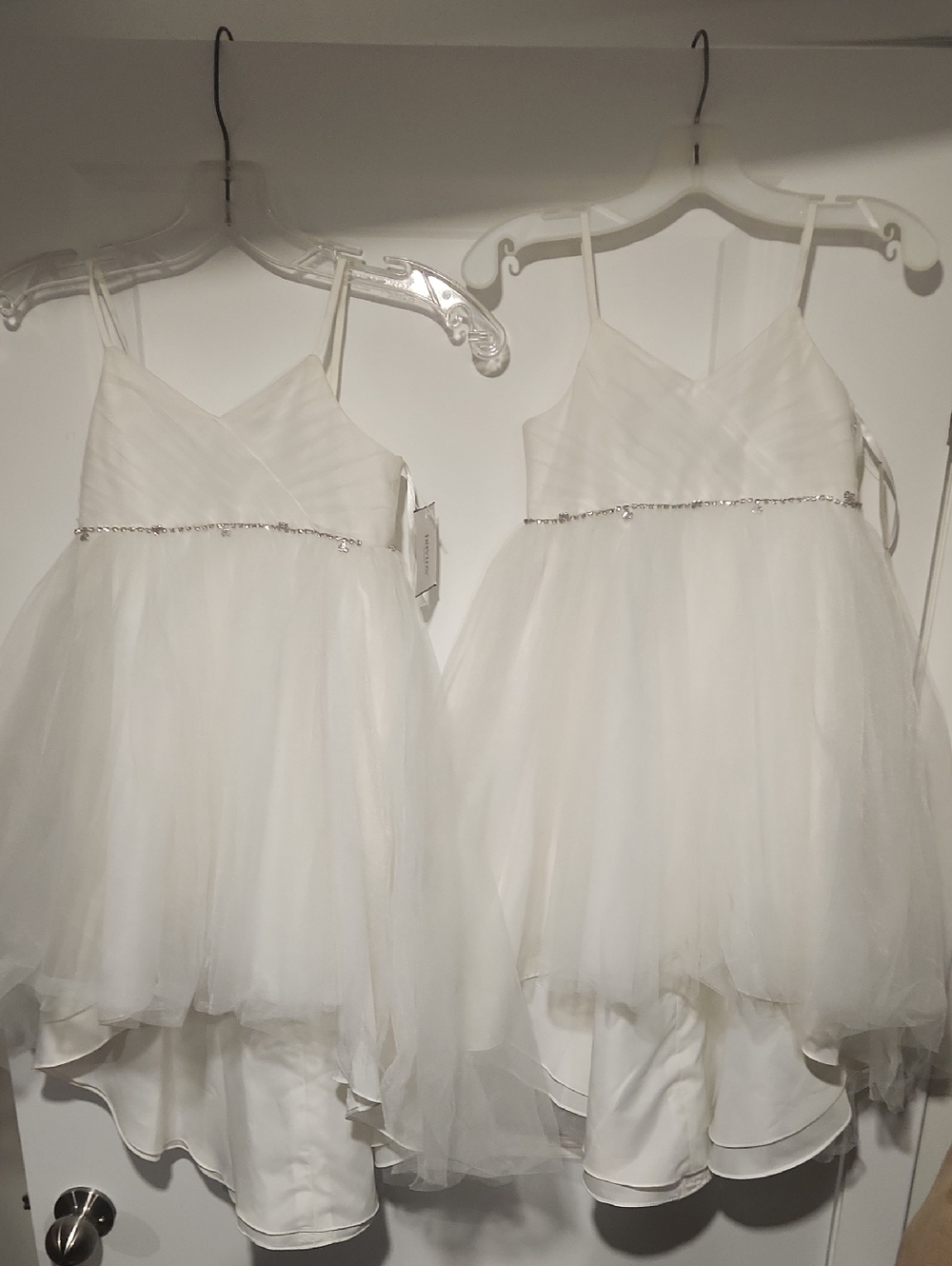 David's Bridal White Tulle Spaghetti-Strap Flower Girl Dress with Sparkle Waist